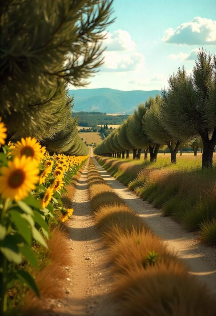 a photo of a scenic drive through Tuscany, featuring sunflowers and olive groves, embodying a travel aesthetic (2)