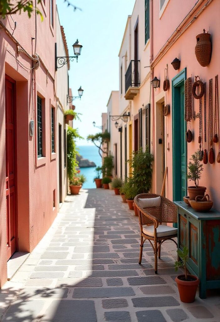 a photo of the charming streets of Oia, showcasing local art and jewelry, reflecting a travel aesthetic (1)