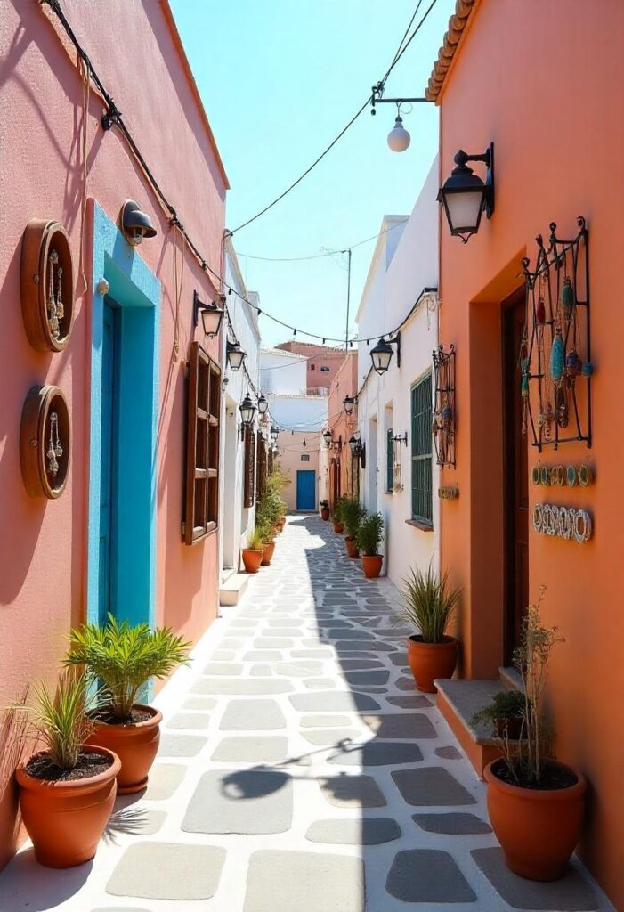 a photo of the charming streets of Oia, showcasing local art and jewelry, reflecting a travel aesthetic (2)
