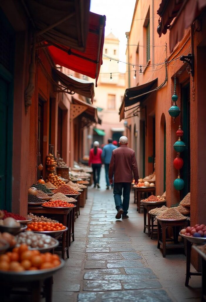 a photo of the vibrant souks in Marrakech, filled with colors and textures, embodying a travel aesthetic. (1)