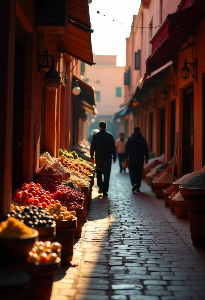 a photo of the vibrant souks in Marrakech, filled with colors and textures, embodying a travel aesthetic. (2)