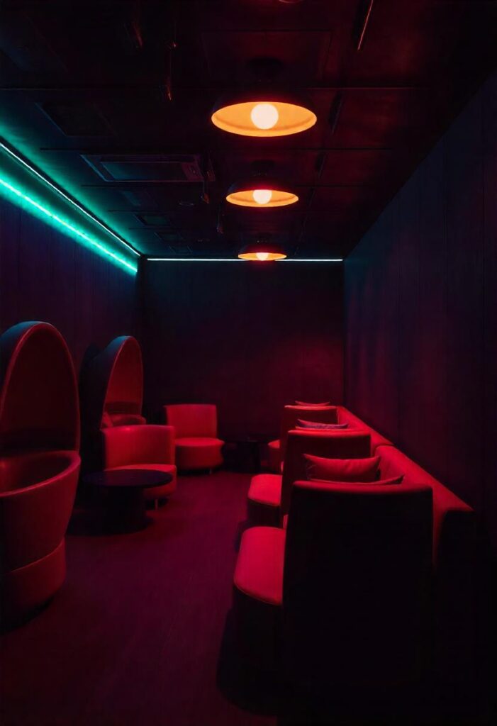 a quiet airport's lounge area with modern seating pods (1)