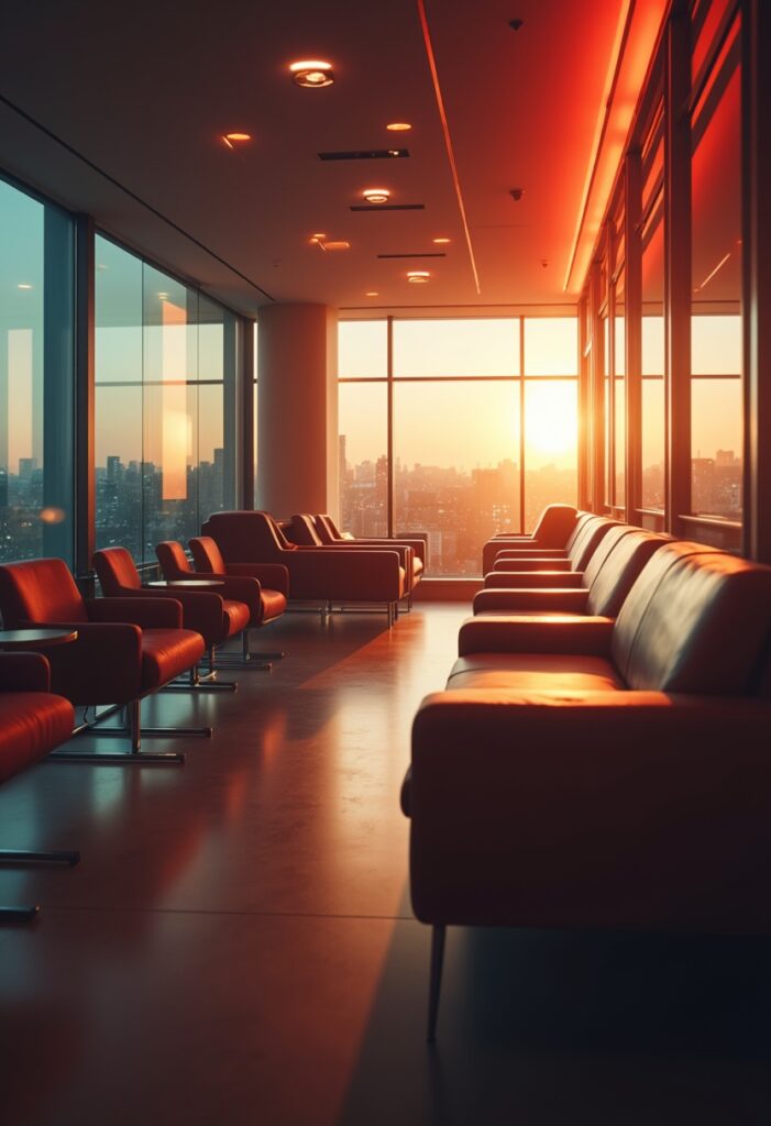 a quiet airport's lounge area with modern seating pods (2)