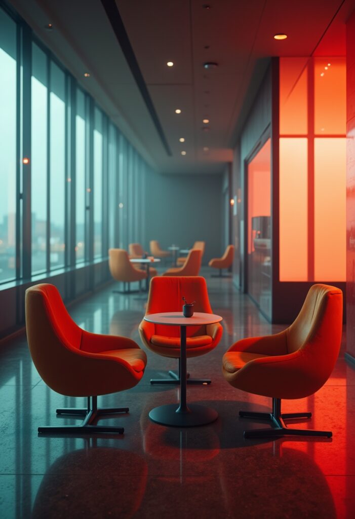 a quiet airport's lounge area with modern seating pods (3)