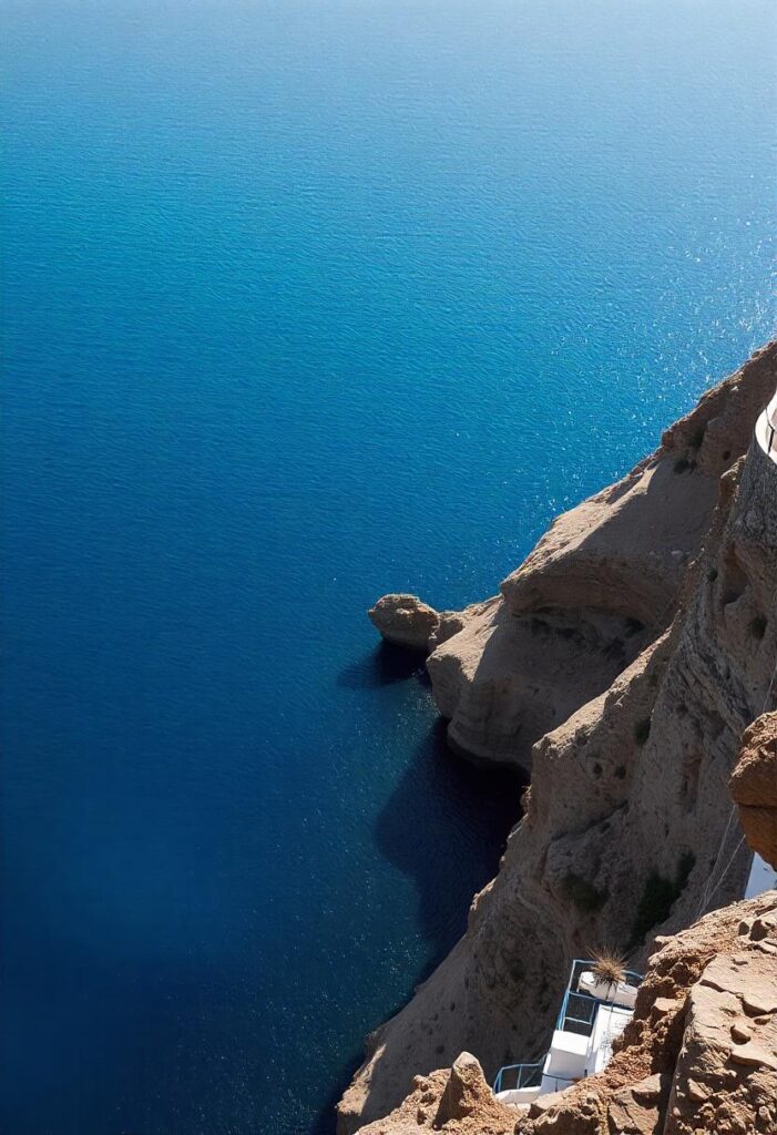 a stunning contrast of whitewashed buildings against the deep blue sea in Santorini, embodying a travel aesthetic (1)