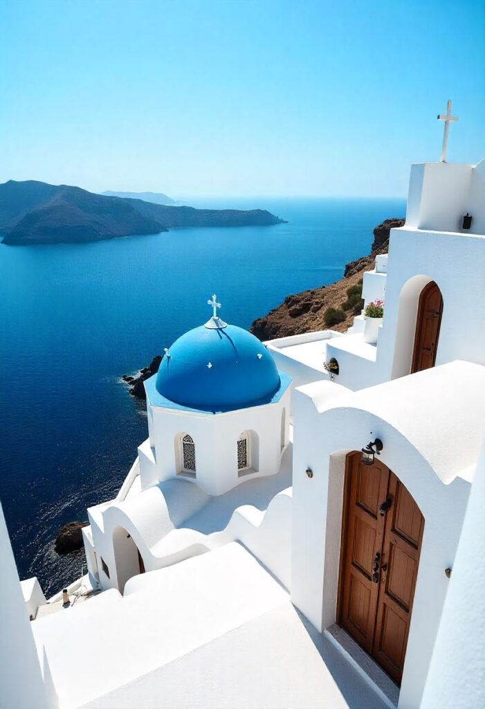 a stunning contrast of whitewashed buildings against the deep blue sea in Santorini, embodying a travel aesthetic (2)