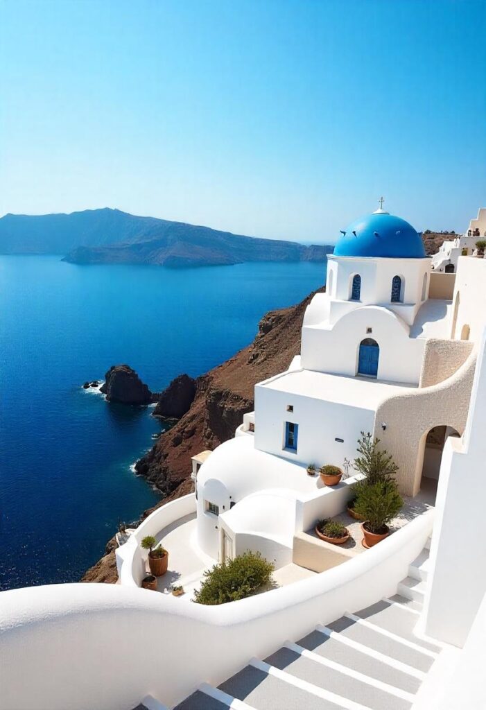 a stunning contrast of whitewashed buildings against the deep blue sea in Santorini, embodying a travel aesthetic (3)