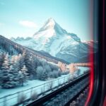 cropped High resolution stock photo a low angle panoramic view from a Swiss train window, showcasing the Jungfrau mountain