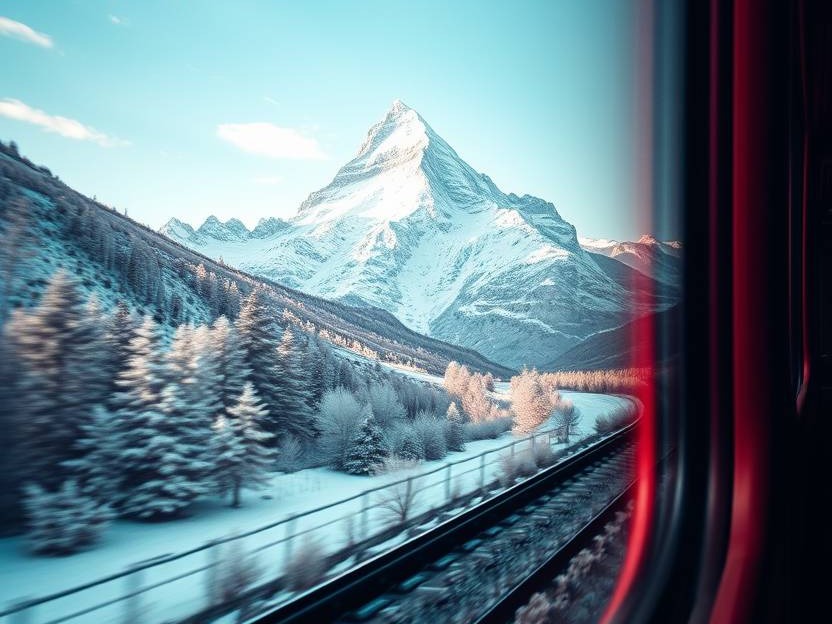 cropped High resolution stock photo a low angle panoramic view from a Swiss train window, showcasing the Jungfrau mountain
