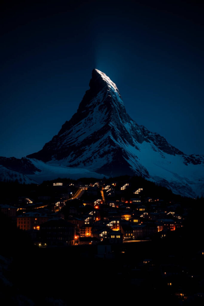 image of Zermatt and the Matterhorn. Modern, futuristic aesthetic with intense lens glow lighting. Massive scale