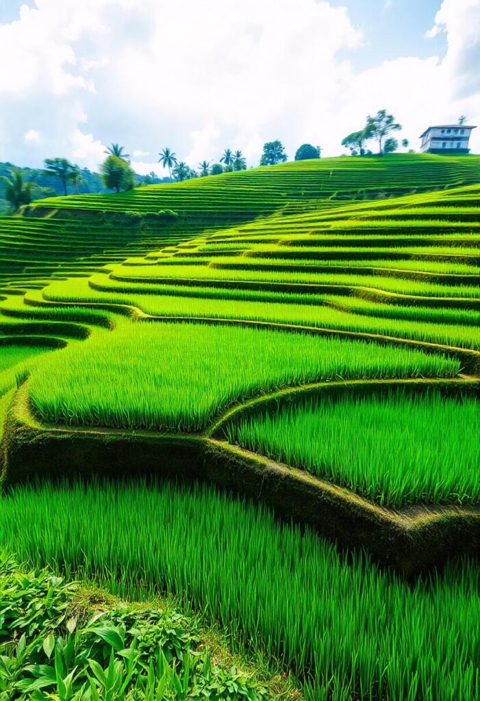 photo that captures the the rice terraces of Ubud, where the emerald green fields create a stunning contrast against the blue sky