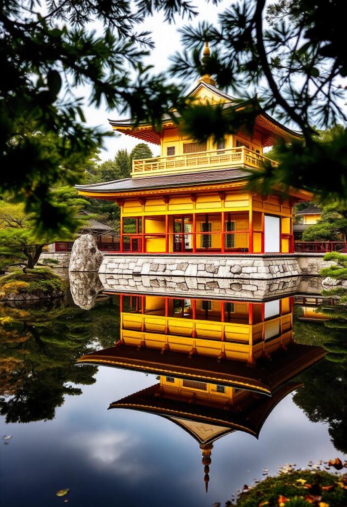the Golden Pavilion in Kyoto, reflecting in the pond, to showcase the harmony of nature and architecture in a travel aesthetic (1)