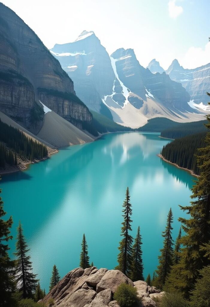 the breathtaking landscape of Lake Louise in Banff, showcasing the mountains and emerald waters, embodying a travel aesthetic (1)