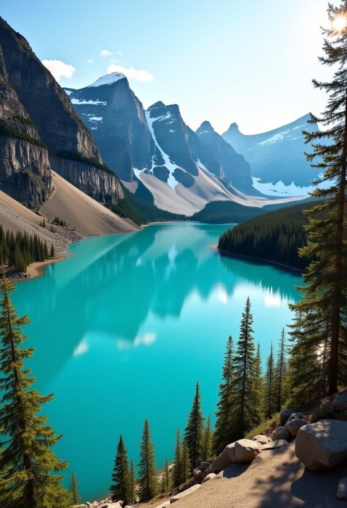 the breathtaking landscape of Lake Louise in Banff, showcasing the mountains and emerald waters, embodying a travel aesthetic (2)