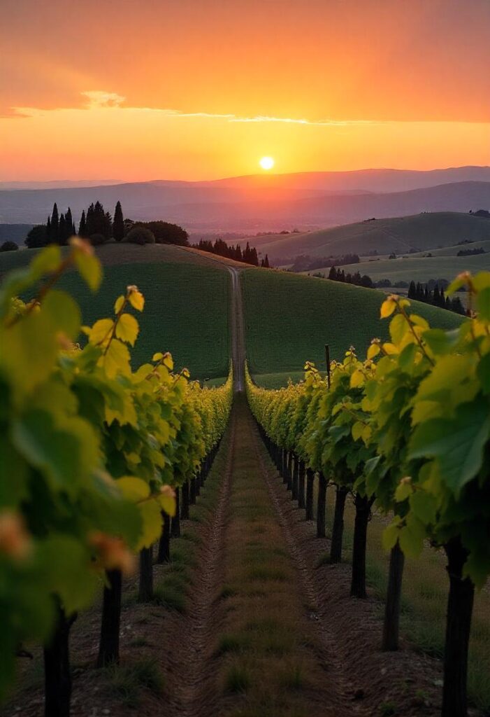 the rolling hills and vineyards of Tuscany at sunset, showcasing the romantic landscape in a travel aesthetic (1)