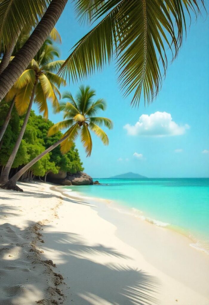 the serene beaches of Bali, with palm trees and clear blue waters, capturing the tropical paradise and travel aesthetic. (1)