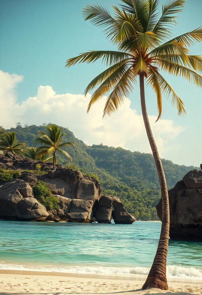 the serene beaches of Bali, with palm trees and clear blue waters, capturing the tropical paradise and travel aesthetic. (2)