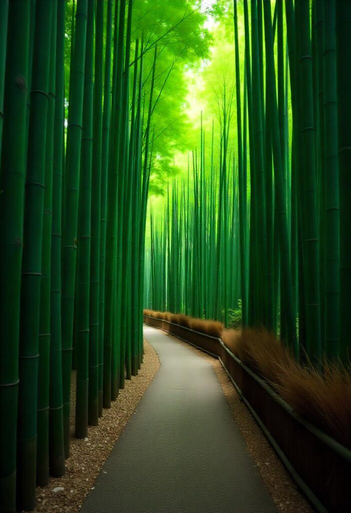 the tranquility of the Arashiyama Bamboo Grove, highlighting the lush greenery and serene atmosphere, representing a travel aesthetic. (1)