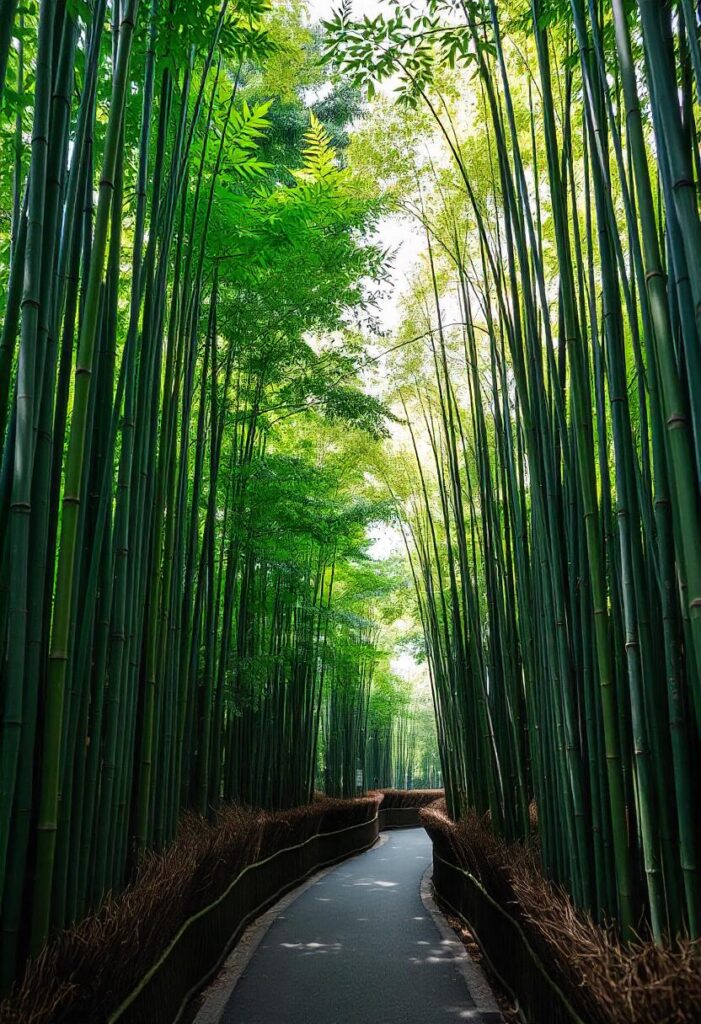 the tranquility of the Arashiyama Bamboo Grove, highlighting the lush greenery and serene atmosphere, representing a travel aesthetic. (2)