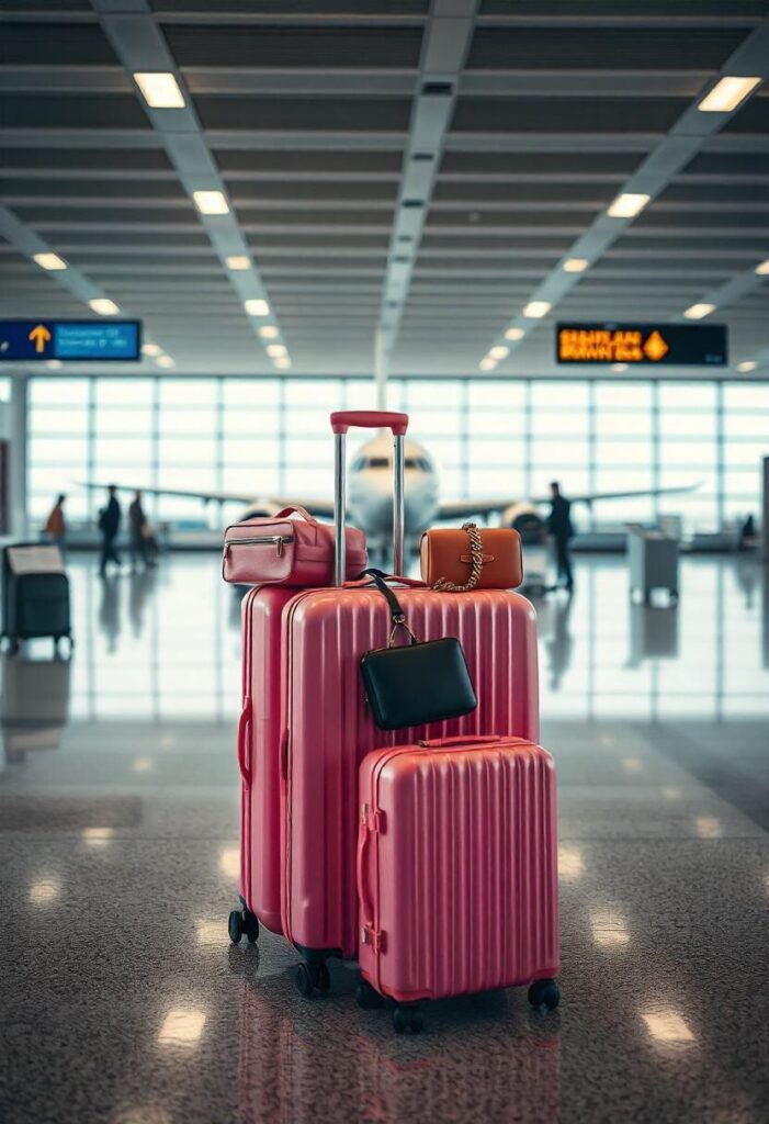 travel aesthetic airport featuring matching luggage set, leather passport holder, and minimalist accessories arranged artistically in the airport's terminal (1)