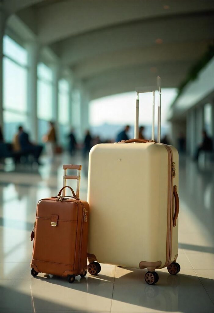 travel aesthetic airport featuring matching luggage set, leather passport holder, and minimalist accessories arranged artistically in the airport's terminal (2)