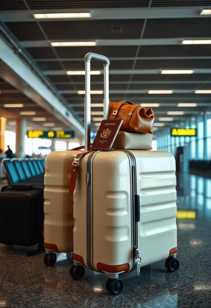 travel aesthetic airport featuring matching luggage set, leather passport holder, and minimalist accessories arranged artistically in the airport's terminal (4)