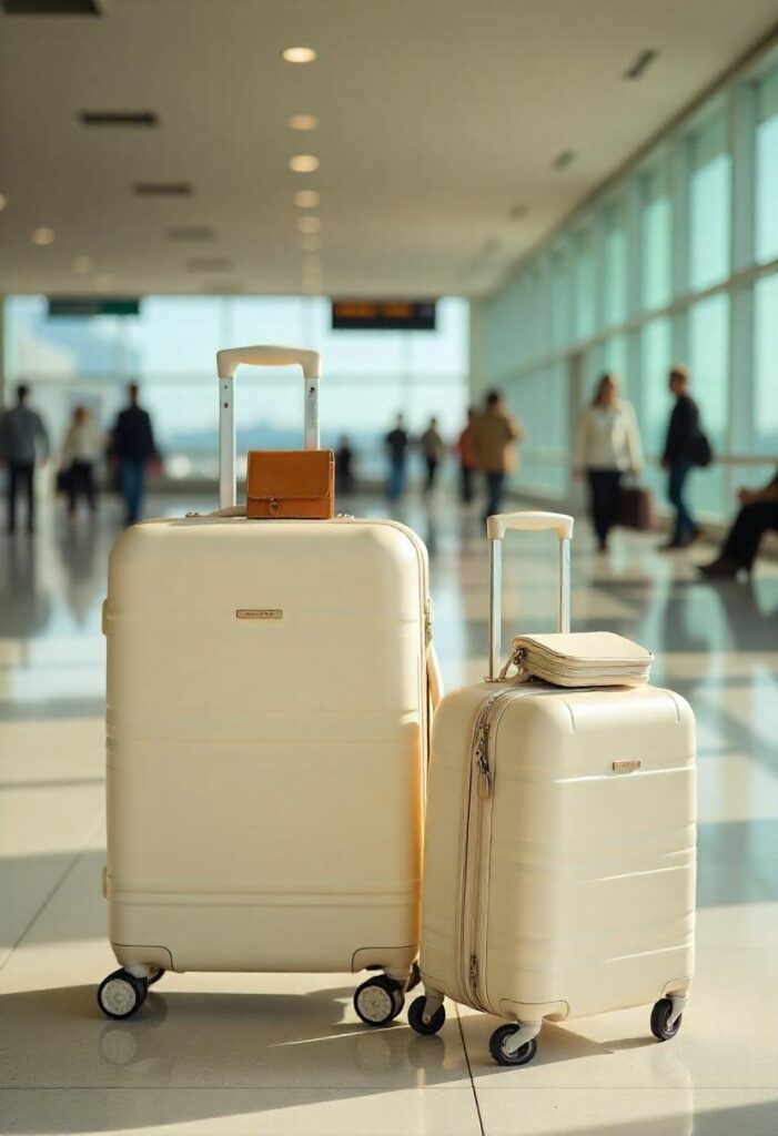 travel aesthetic airport featuring matching luggage set, leather passport holder, and minimalist accessories arranged artistically in the airport's terminal (2)