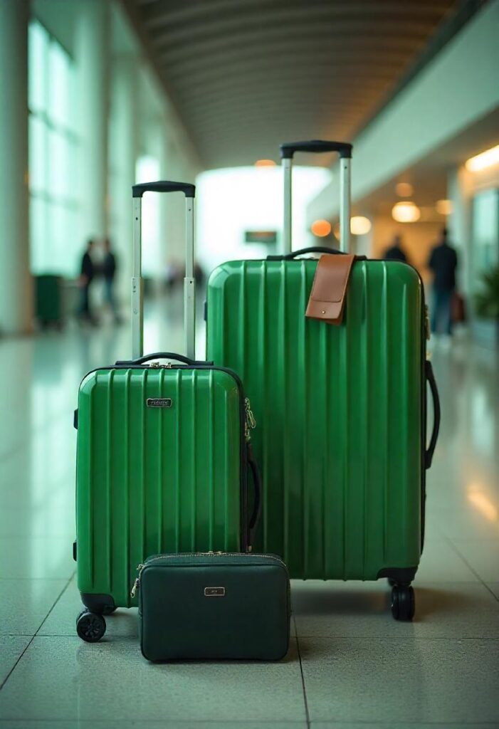 travel aesthetic airport featuring matching luggage set, leather passport holder, and minimalist accessories arranged artistically in the airport's terminal (6)