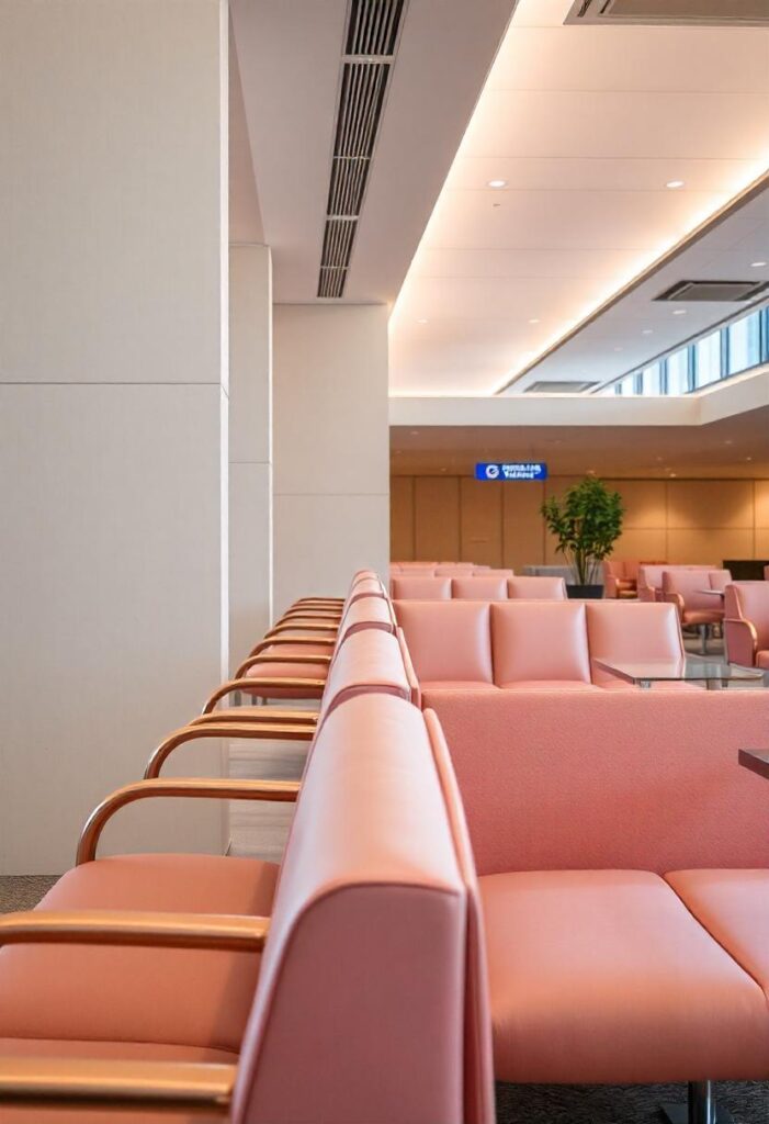 travel aesthetic airport interior in muted pastels and cream tones, with rose gold accents and minimalist design elements (2)
