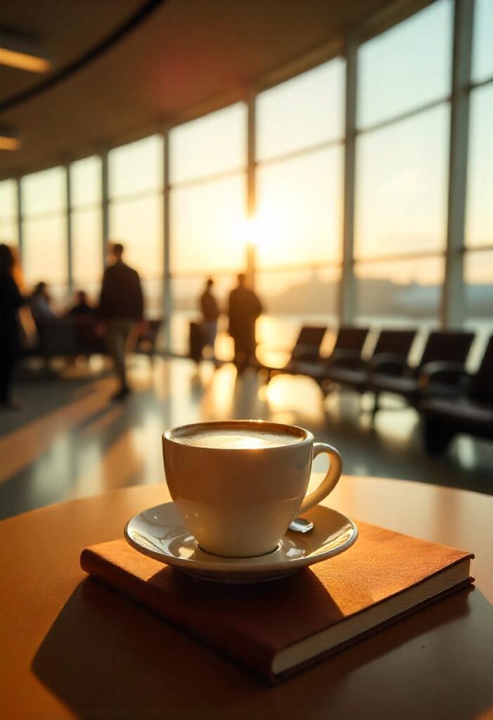 travel aesthetic airport morning scene with artisanal coffee, journal, and sunrise streaming through terminal windows (1)