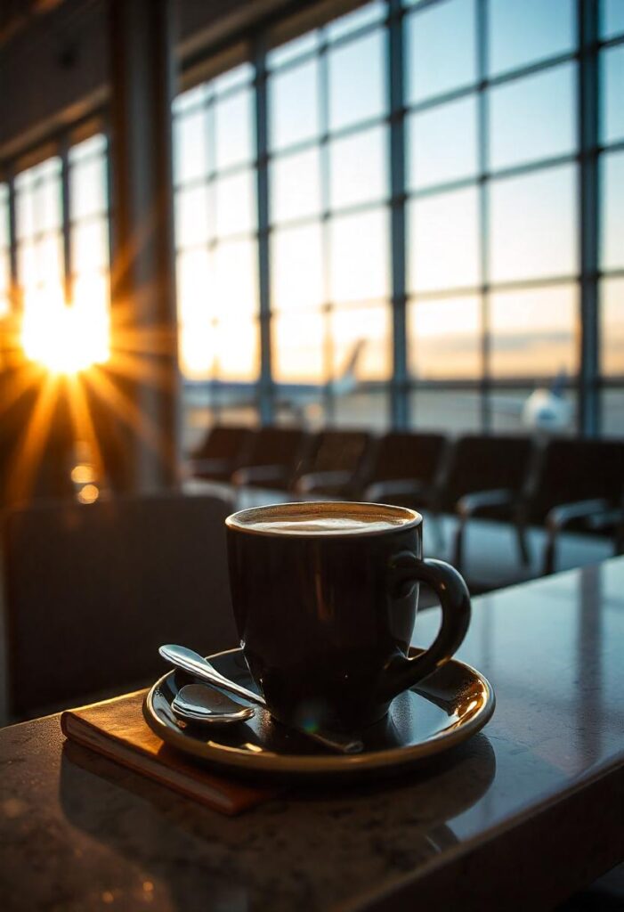 travel aesthetic airport morning scene with artisanal coffee, journal, and sunrise streaming through terminal windows (2)