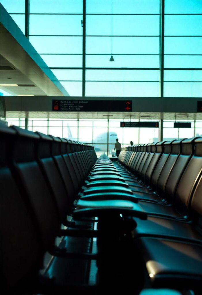 travel aesthetic airport morning scene with journal writing at gate seating (1)