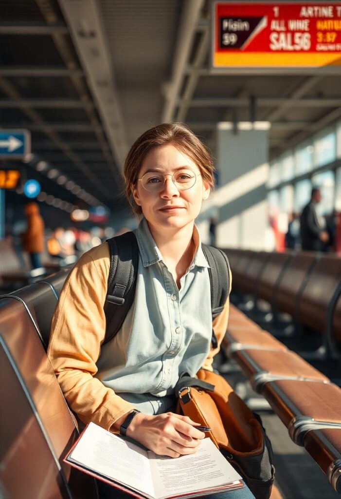 travel aesthetic airport morning scene with journal writing at gate seating (2)