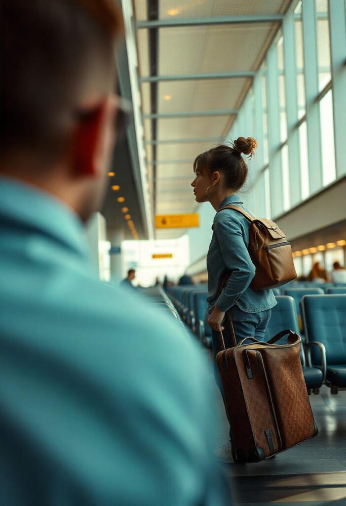 travel aesthetic airport scene with Terminal seating areas with architectural elements