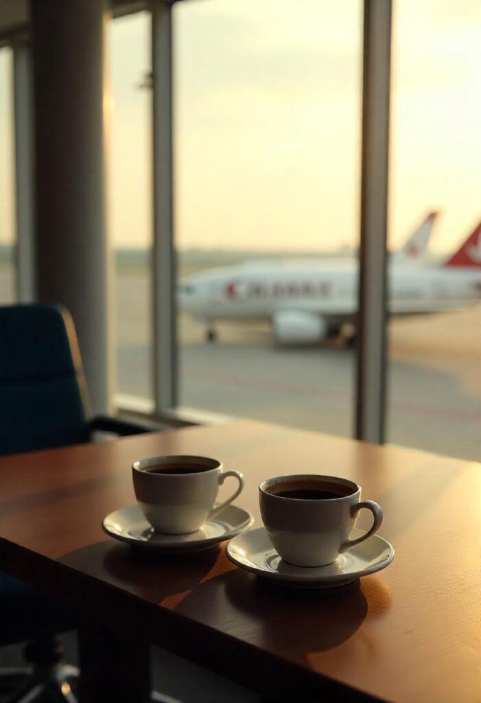 travel aesthetic airport scene with coffee cups against terminal window views of a plane