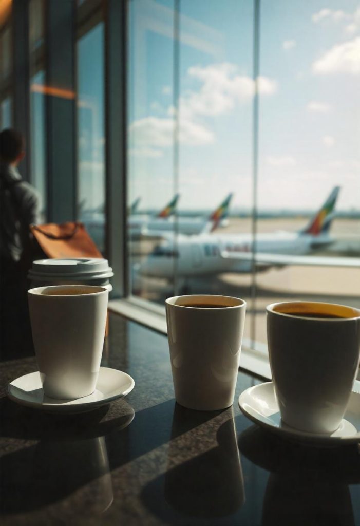 travel aesthetic airport scene with coffee cups against terminal window views of a plane