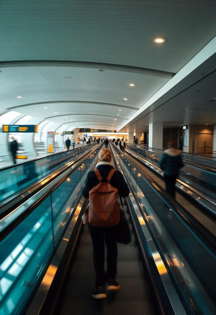 travel aesthetic airport scene with curved escalators and moving walkways (1)