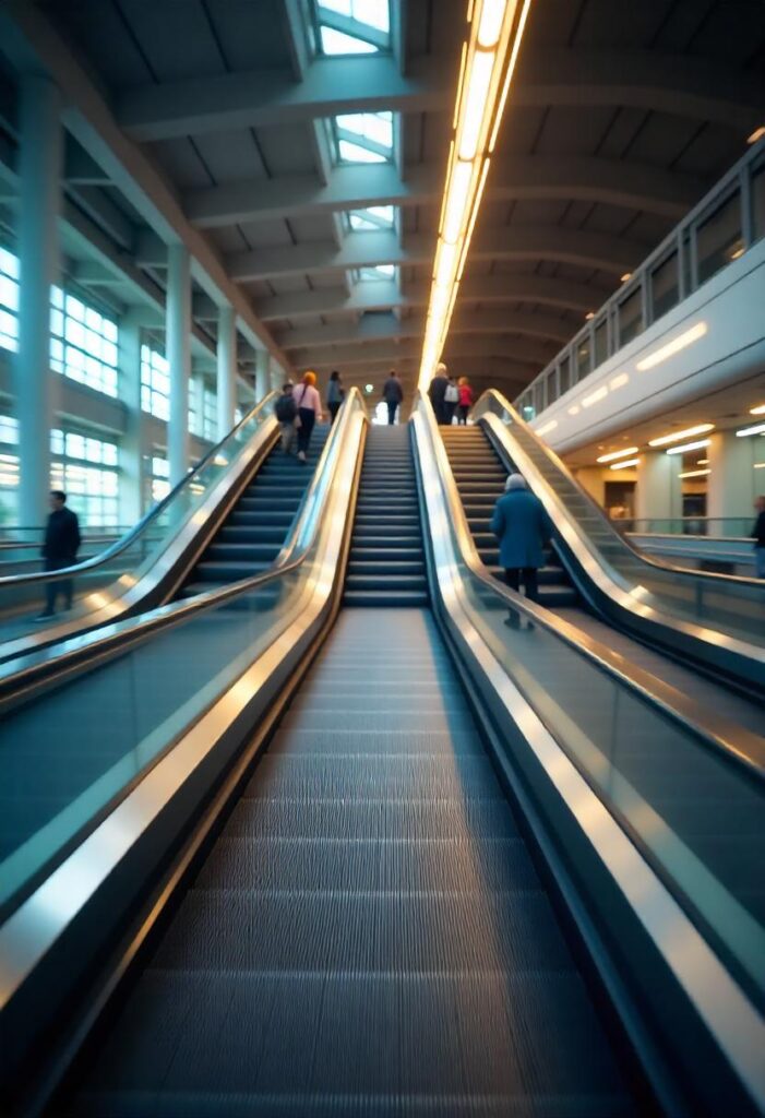 travel aesthetic airport scene with curved escalators and moving walkways (2)