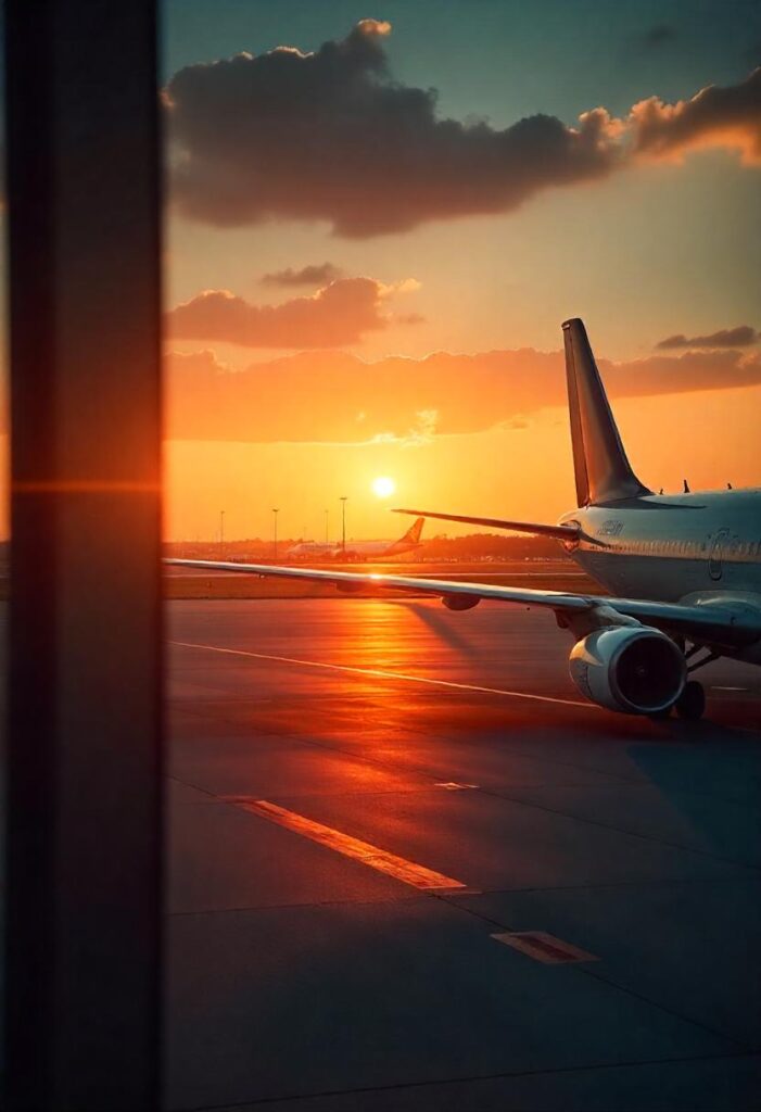 travel aesthetic airport scene with runway views at sunset without people