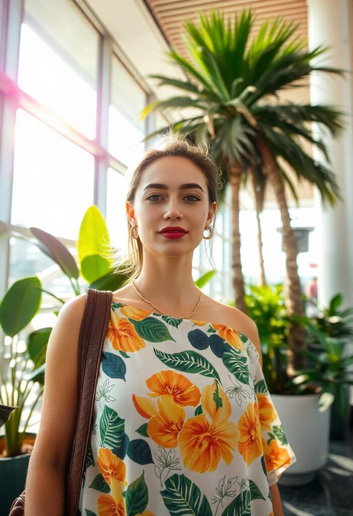 travel aesthetic airport summer vibes with bright natural light flooding through glass walls, tropical plants, and flowing fabrics (1)