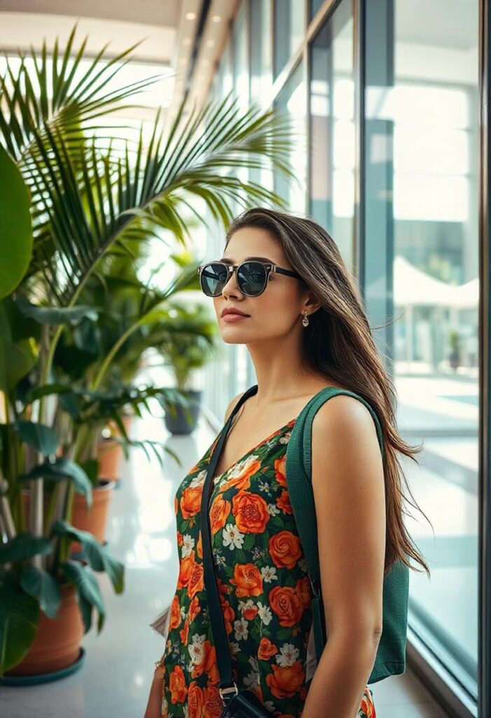travel aesthetic airport summer vibes with bright natural light flooding through glass walls, tropical plants, and flowing fabrics (2)