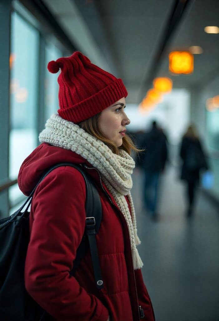travel aesthetic airport winter scene with holiday decorations, cozy scarves, and snow views through terminal windows. (2)