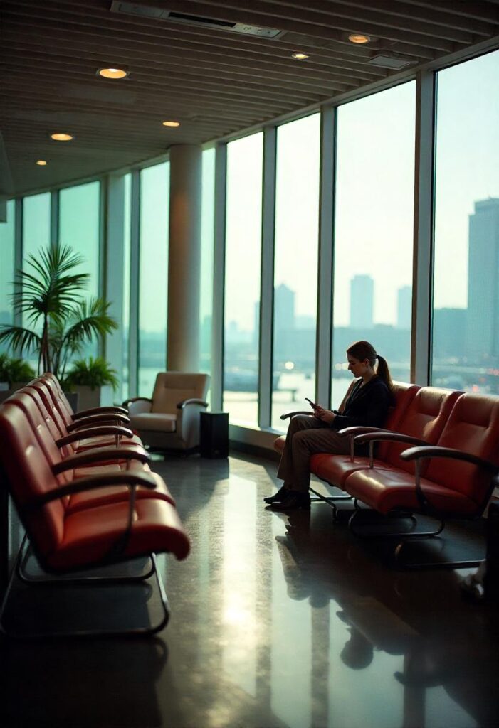 travel aesthetic scene in a quiet airport lounge area with modern seating pods, and city views through large windows (1)