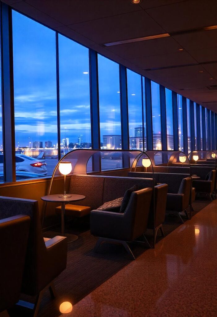 travel aesthetic scene in a quiet airport lounge area with modern seating pods, and city views through large windows (2)