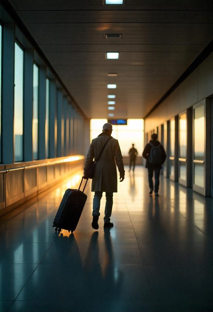 travel aesthetic scene with Empty airport terminal corridors