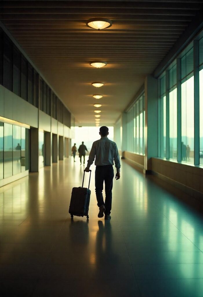 travel aesthetic scene with Empty airport terminal corridors